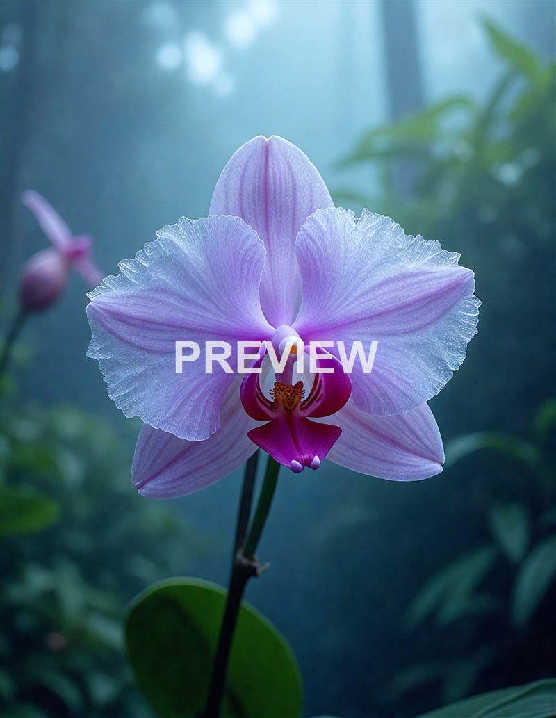 A close-up of a purple and white orchid flower with a soft, misty background of green leaves and other orchids.